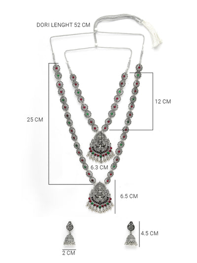 Sukkhi Sparkling Oxidised Rhodium Silver Plated Choker & Long Temple Necklace Set with Jhumki/Jhumka Earring Jewellery Set For Women & Girls|Set of 1| NS106050