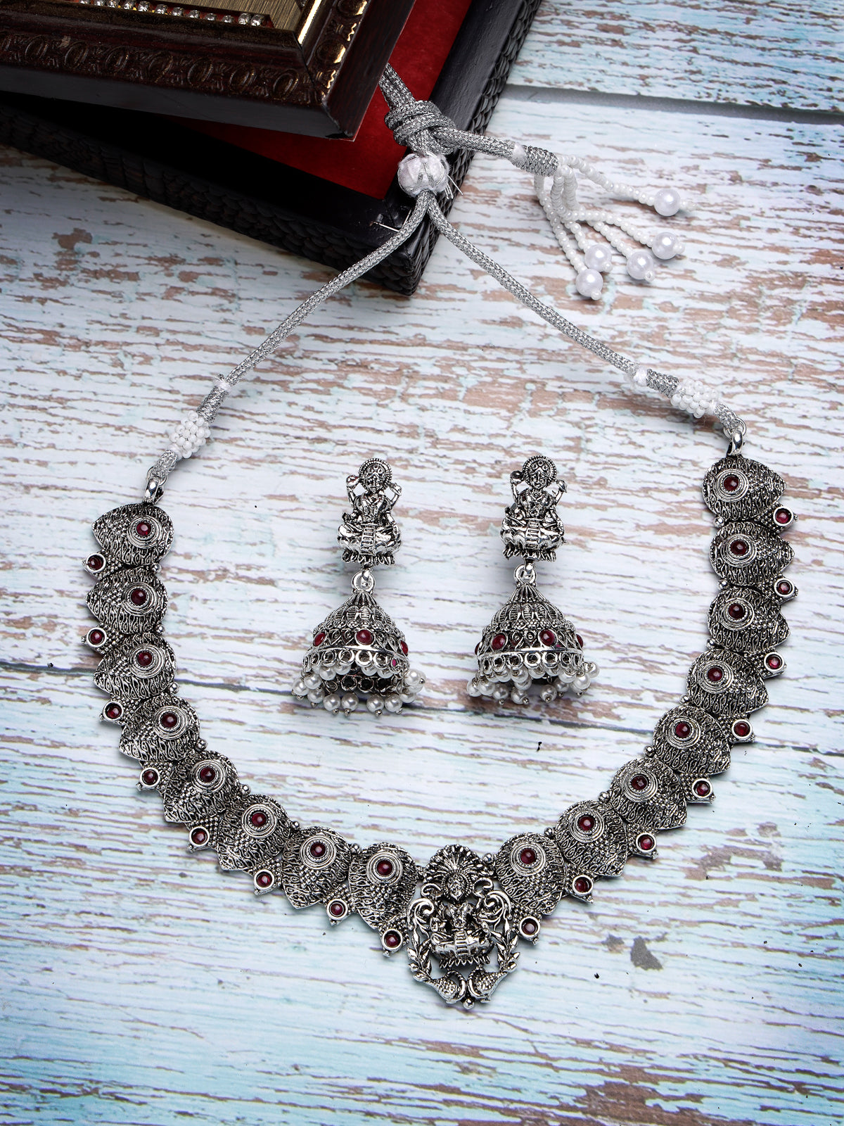 Sukkhi Classic-Inspired Oxidised German Silver Plated With Red AD Stones Studded Temple Choker Necklace Set with Jhumki/Jhumka Earrings Jewellery Set For Women & Girls| Set of 1|NS106051