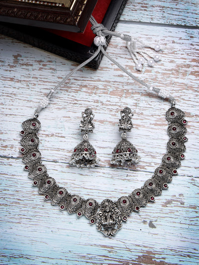Sukkhi Classic-Inspired Oxidised German Silver Plated With Red AD Stones Studded Temple Choker Necklace Set with Jhumki/Jhumka Earrings Jewellery Set For Women & Girls| Set of 1|NS106051
