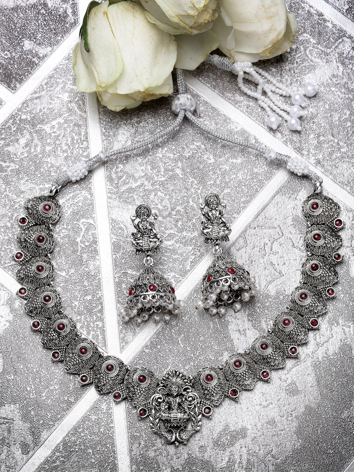 Sukkhi Classic-Inspired Oxidised German Silver Plated With Red AD Stones Studded Temple Choker Necklace Set with Jhumki/Jhumka Earrings Jewellery Set For Women & Girls| Set of 1|NS106051