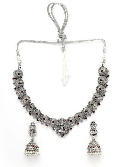 Sukkhi Classic-Inspired Oxidised German Silver Plated With Red AD Stones Studded Temple Choker Necklace Set with Jhumki/Jhumka Earrings Jewellery Set For Women & Girls| Set of 1|NS106051
