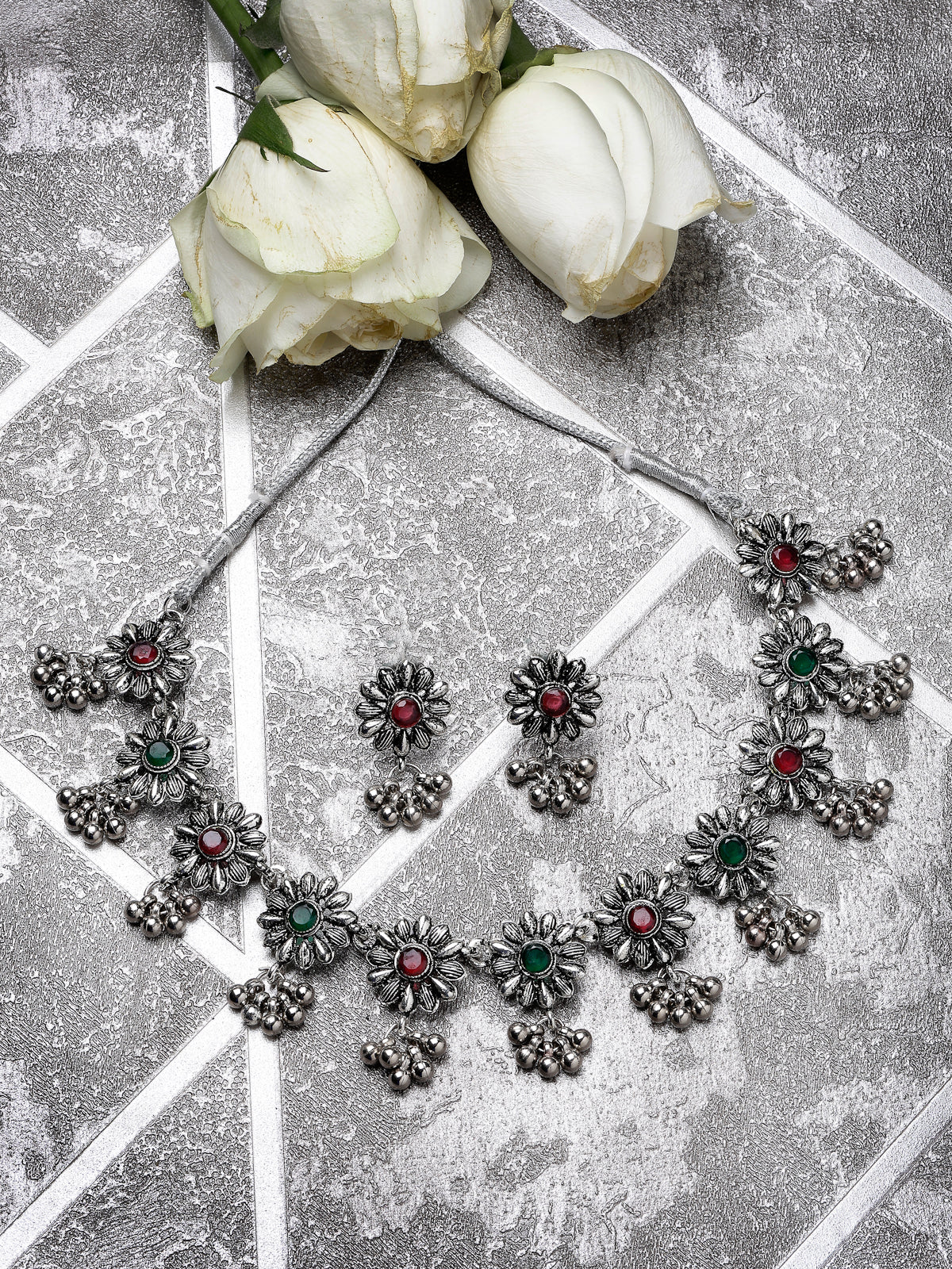Sukkhi Classical Floral Shaped Oxidised Silver Plated Red & Green AD Stones Choker Necklace with Studs Earring For Women & Girls|Set of 1|NS106052