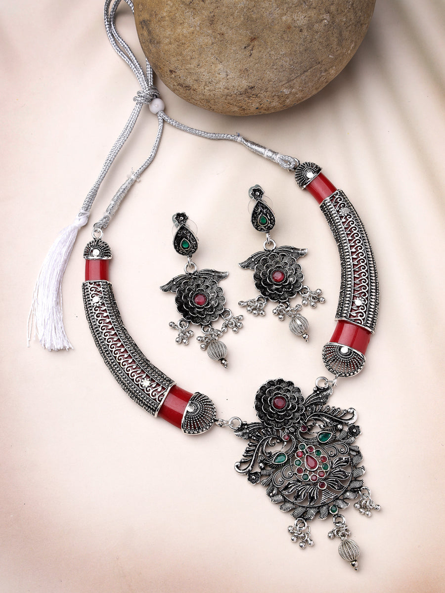 Sukkhi Classic Oxidised Silver Plated Floral Choker Hasli Style Red Necklace Set With Dangle Earrings Jewellery Set For Women & Girls|Set of 1|NS106054