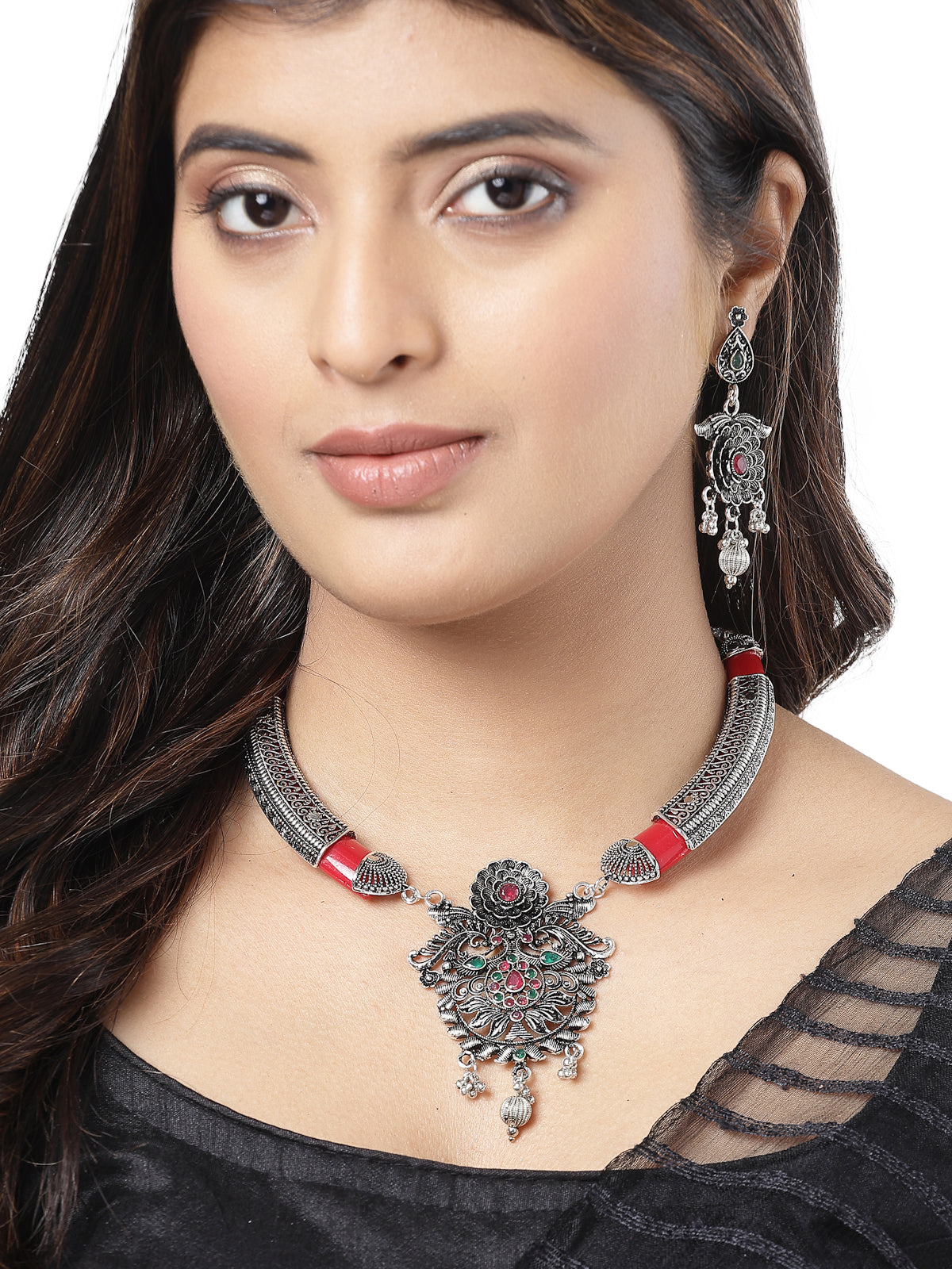 Sukkhi Classic Oxidised Silver Plated Floral Choker Hasli Style Red Necklace Set With Dangle Earrings Jewellery Set For Women & Girls|Set of 1|NS106054