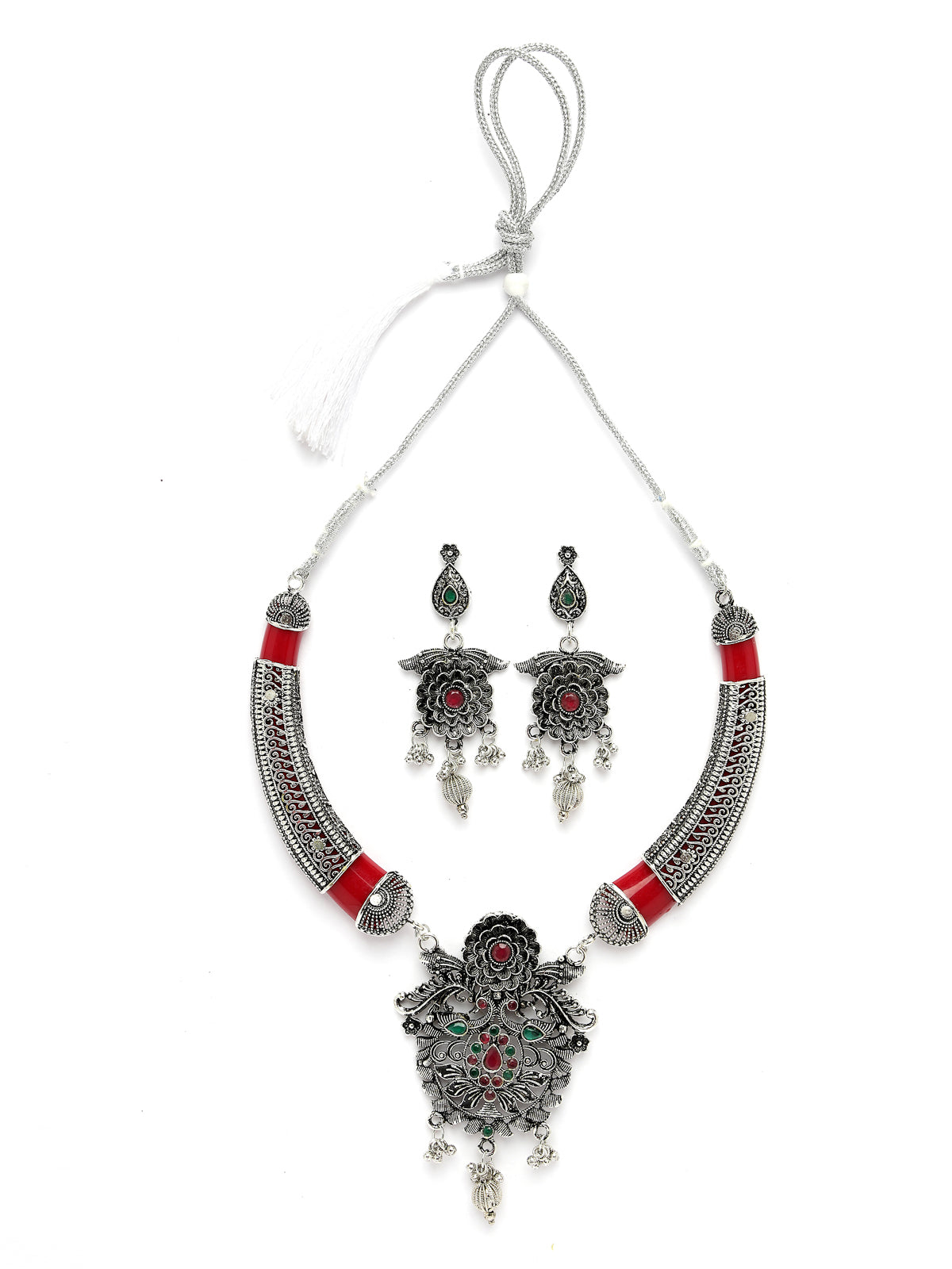 Sukkhi Classic Oxidised Silver Plated Floral Choker Hasli Style Red Necklace Set With Dangle Earrings Jewellery Set For Women & Girls|Set of 1|NS106054