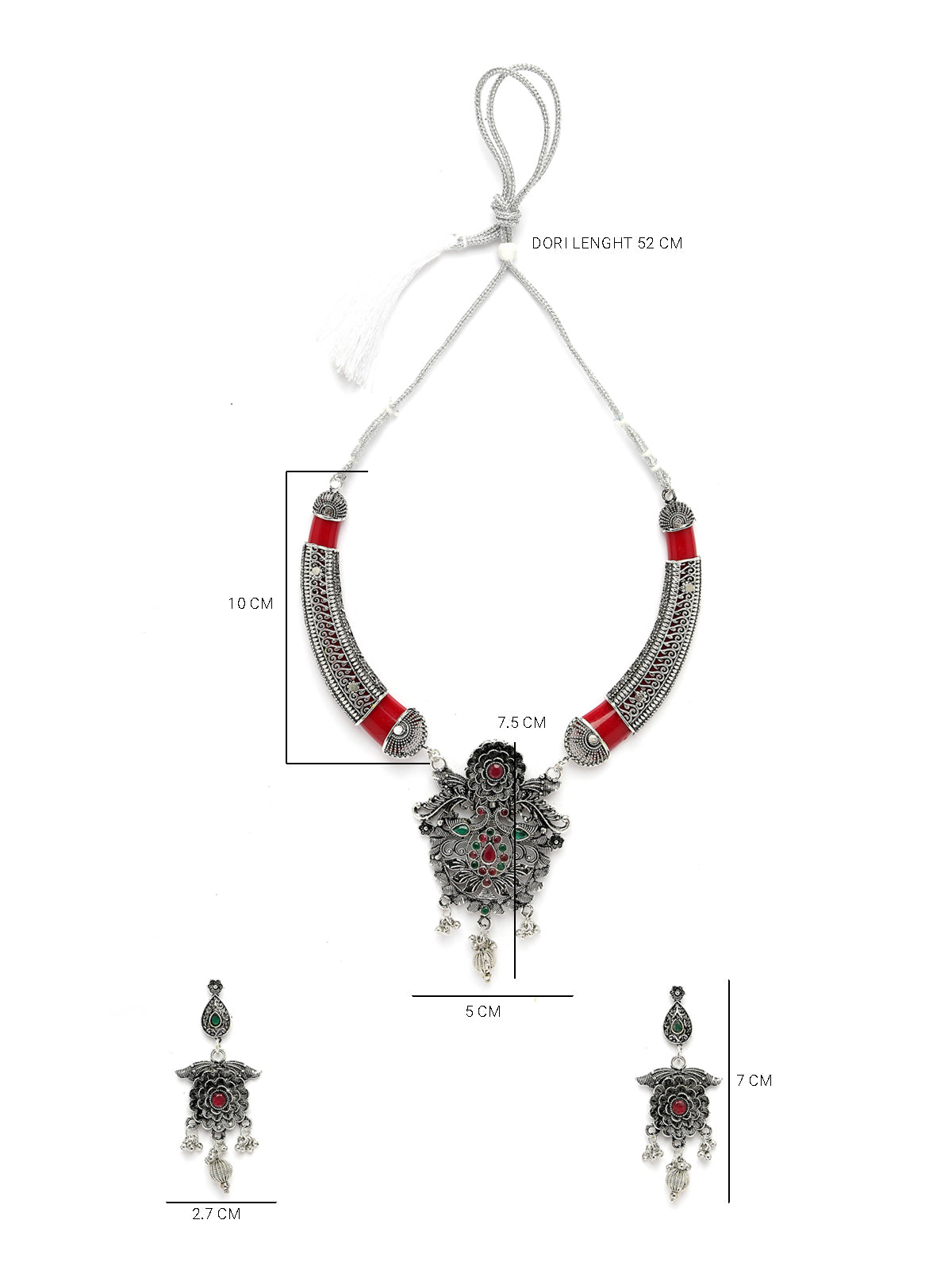 Sukkhi Classic Oxidised Silver Plated Floral Choker Hasli Style Red Necklace Set With Dangle Earrings Jewellery Set For Women & Girls|Set of 1|NS106054