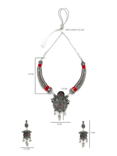 Sukkhi Classic Oxidised Silver Plated Floral Choker Hasli Style Red Necklace Set With Dangle Earrings Jewellery Set For Women & Girls|Set of 1|NS106054