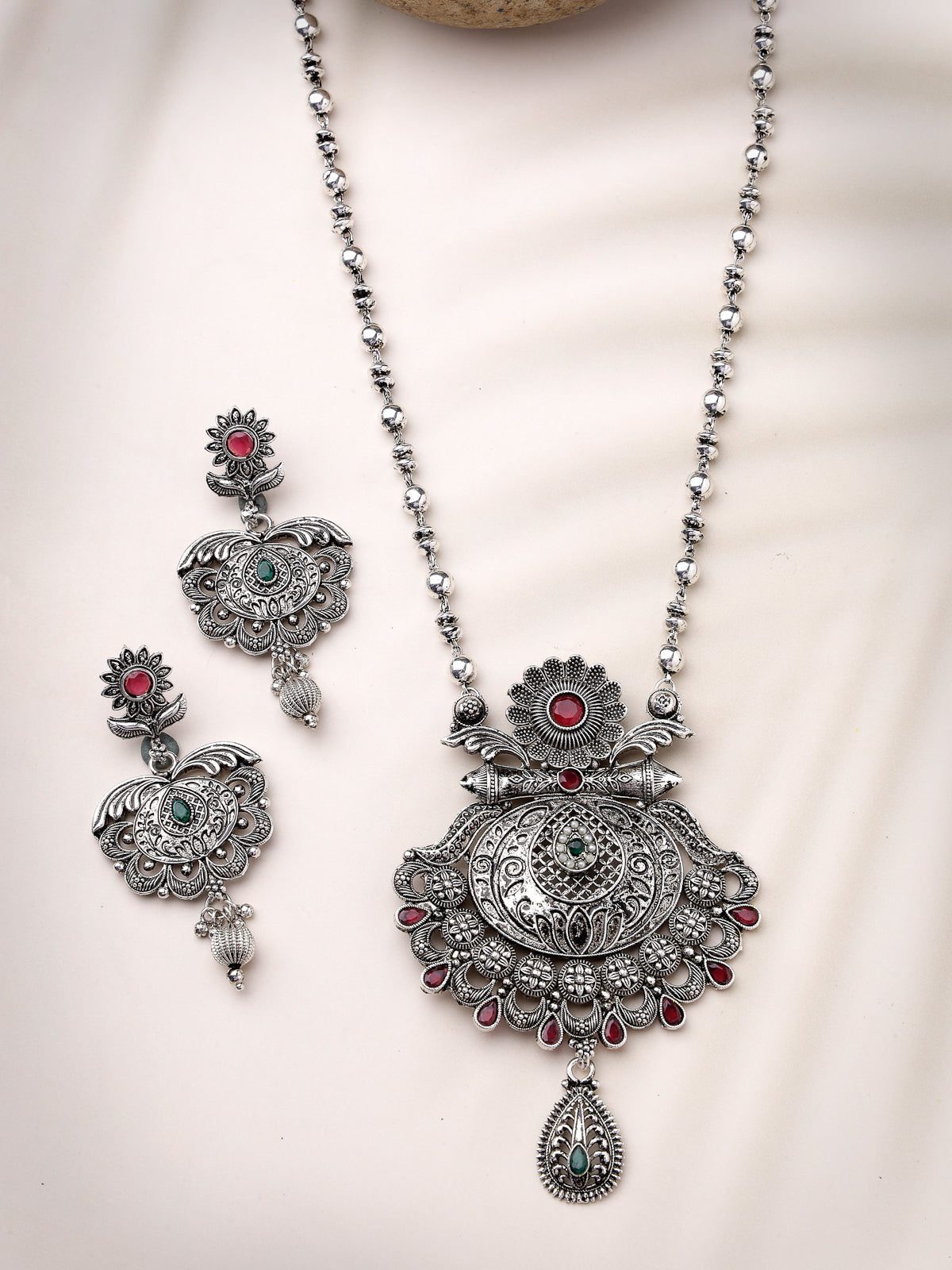 Sukkhi Beautiful Oxidised Silver Plated Red AD Stones Studded Long Ball Chain with Floral Pendant Necklace Set With Dangler Earring Jewellery Set For Women & Girls|Set of 1|NS106055