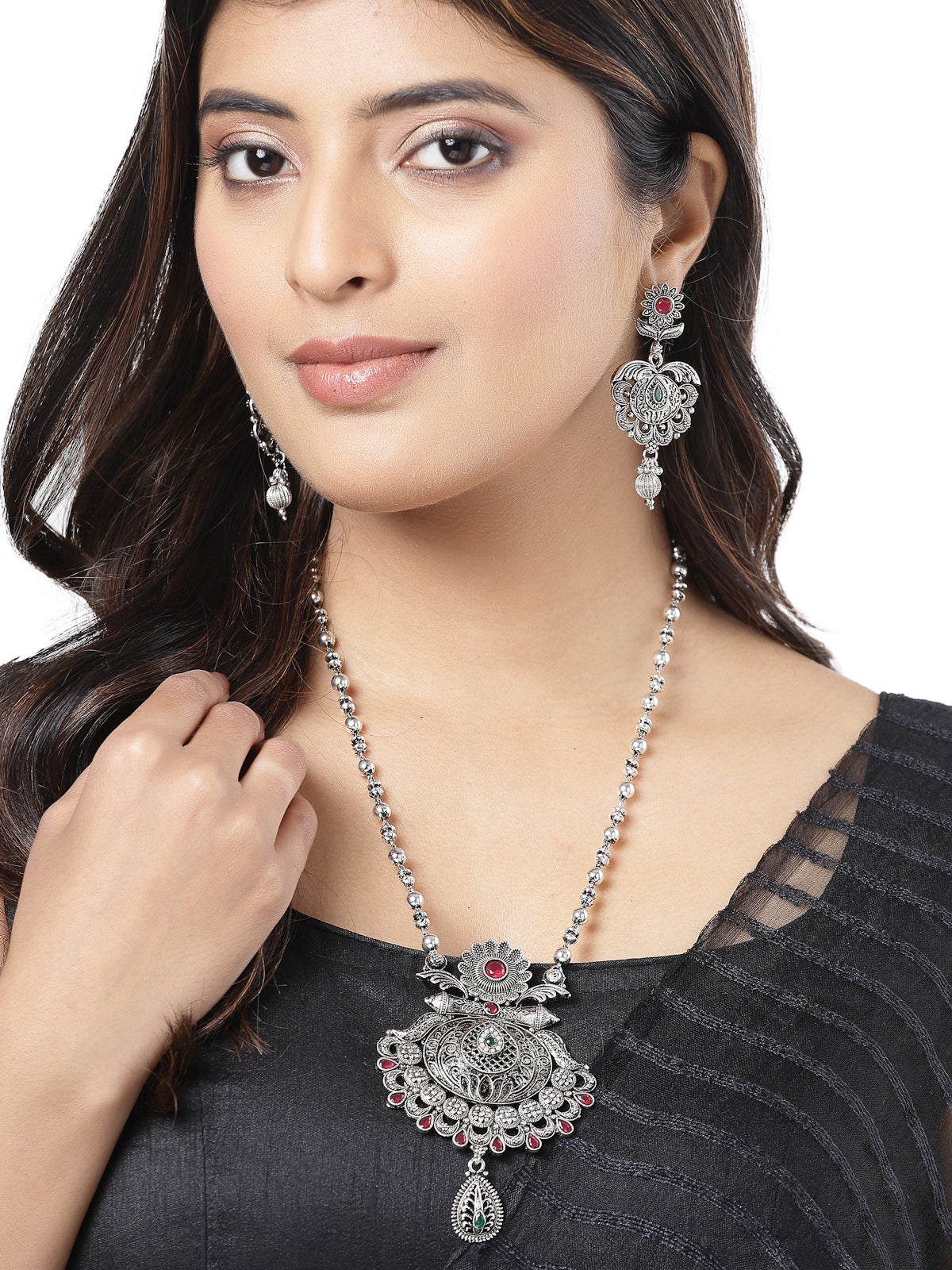 Sukkhi Beautiful Oxidised Silver Plated Red AD Stones Studded Long Ball Chain with Floral Pendant Necklace Set With Dangler Earring Jewellery Set For Women & Girls|Set of 1|NS106055