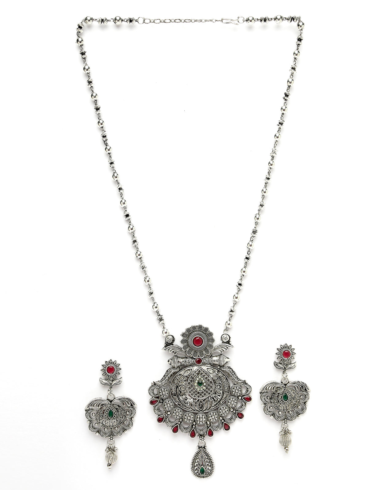 Sukkhi Beautiful Oxidised Silver Plated Red AD Stones Studded Long Ball Chain with Floral Pendant Necklace Set With Dangler Earring Jewellery Set For Women & Girls|Set of 1|NS106055