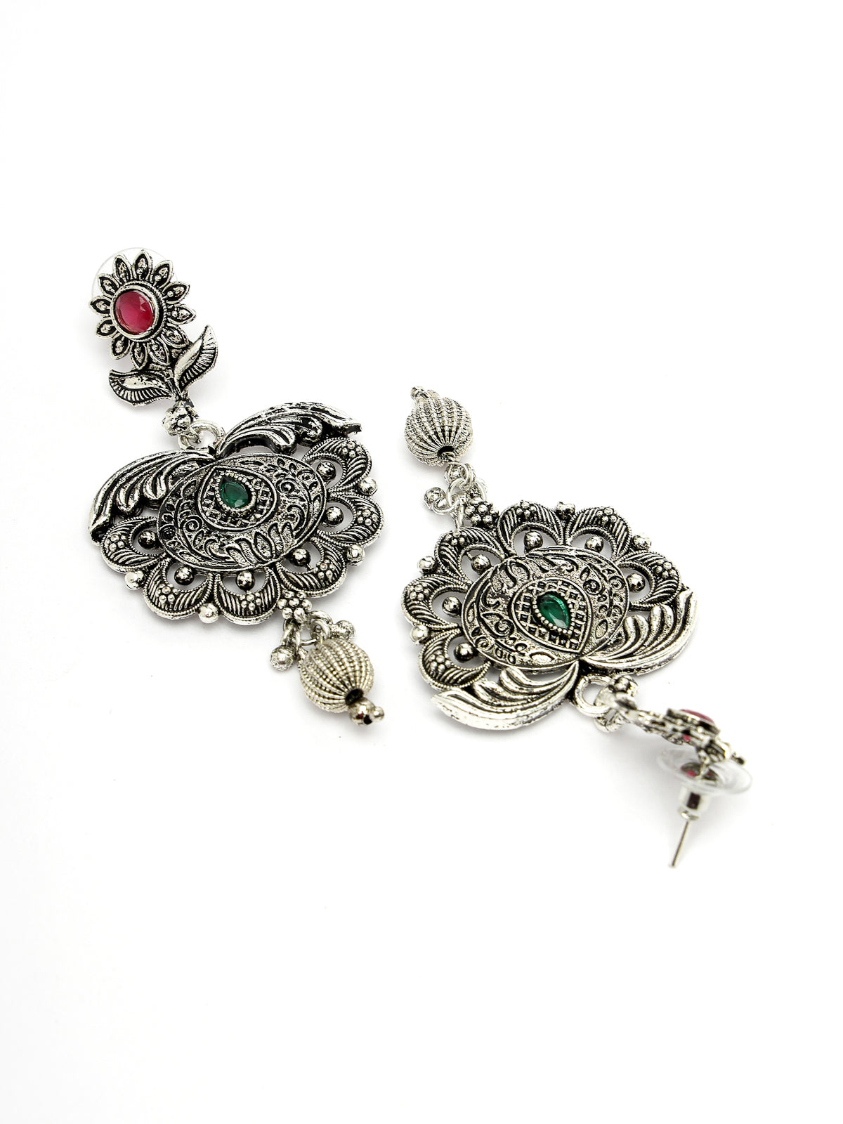 Sukkhi Beautiful Oxidised Silver Plated Red AD Stones Studded Long Ball Chain with Floral Pendant Necklace Set With Dangler Earring Jewellery Set For Women & Girls|Set of 1|NS106055