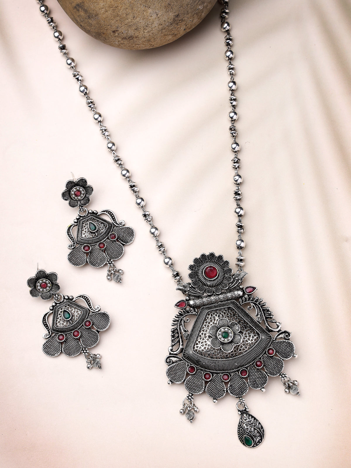 Sukkhi Decorative Oxidised Silver Plated Red AD Stones Studded Long Ball Chain with Floral Pendant Necklace Set With Dangler Earrings Jewellery Set For Women & Girls|Set of 1|NS106056