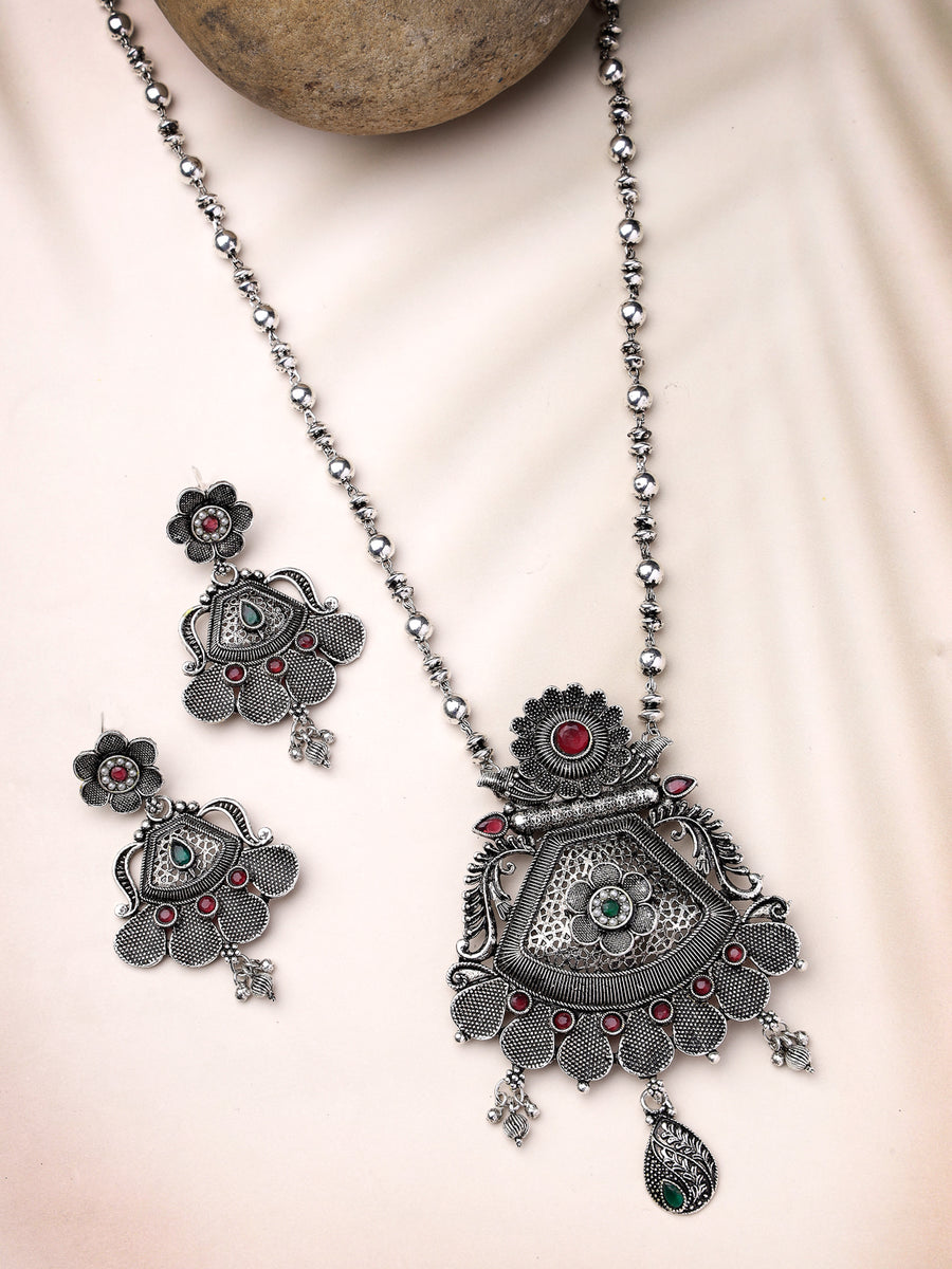 Sukkhi Decorative Oxidised Silver Plated Red AD Stones Studded Long Ball Chain with Floral Pendant Necklace Set With Dangler Earrings Jewellery Set For Women & Girls|Set of 1|NS106056