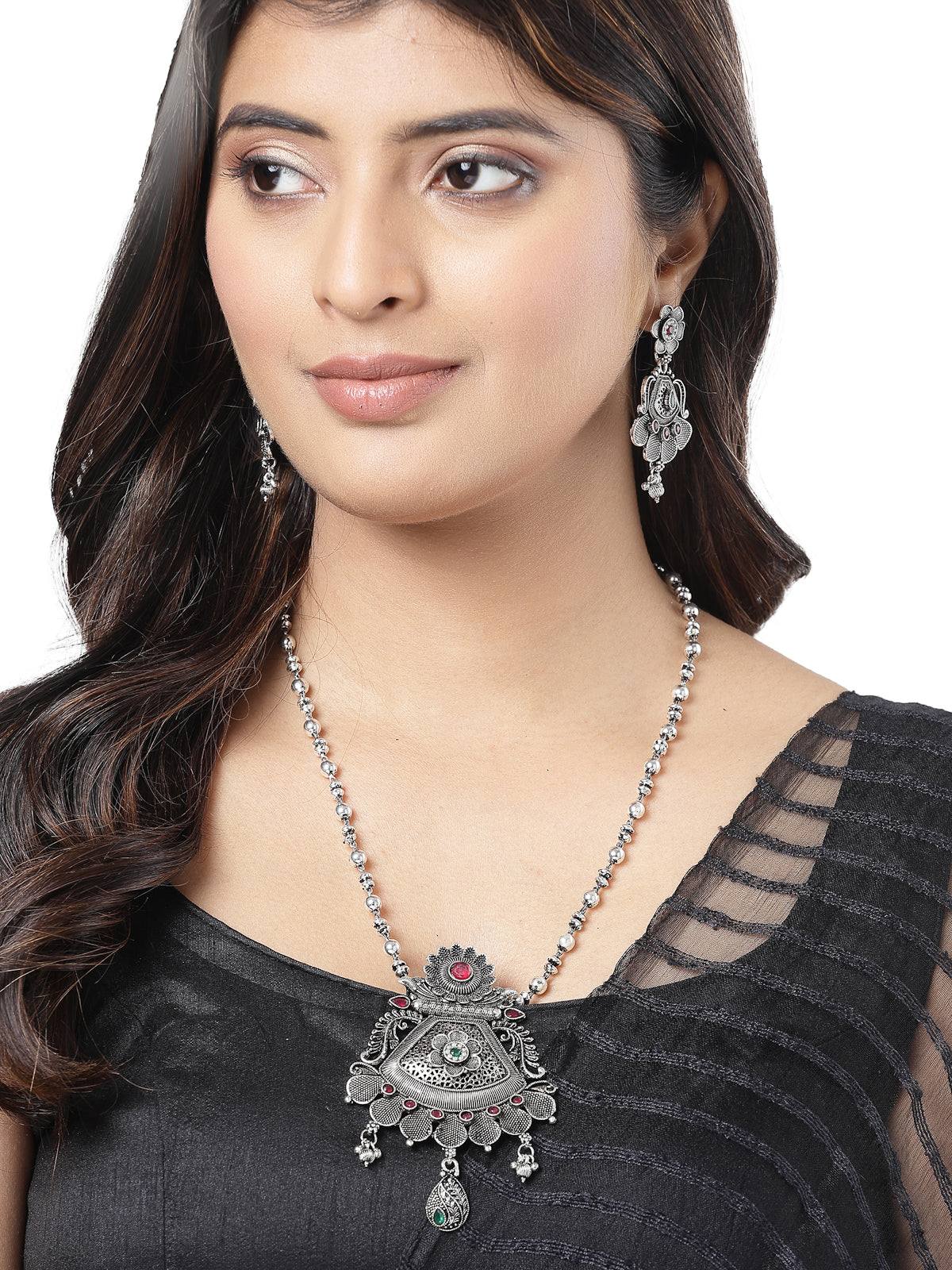 Sukkhi Decorative Oxidised Silver Plated Red AD Stones Studded Long Ball Chain with Floral Pendant Necklace Set With Dangler Earrings Jewellery Set For Women & Girls|Set of 1|NS106056