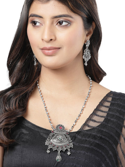 Sukkhi Decorative Oxidised Silver Plated Red AD Stones Studded Long Ball Chain with Floral Pendant Necklace Set With Dangler Earrings Jewellery Set For Women & Girls|Set of 1|NS106056