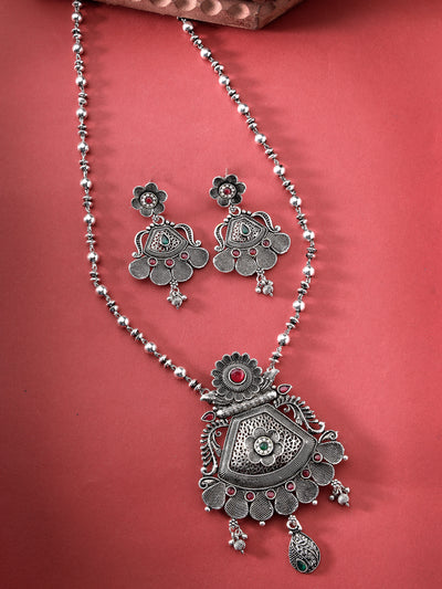 Sukkhi Decorative Oxidised Silver Plated Red AD Stones Studded Long Ball Chain with Floral Pendant Necklace Set With Dangler Earrings Jewellery Set For Women & Girls|Set of 1|NS106056