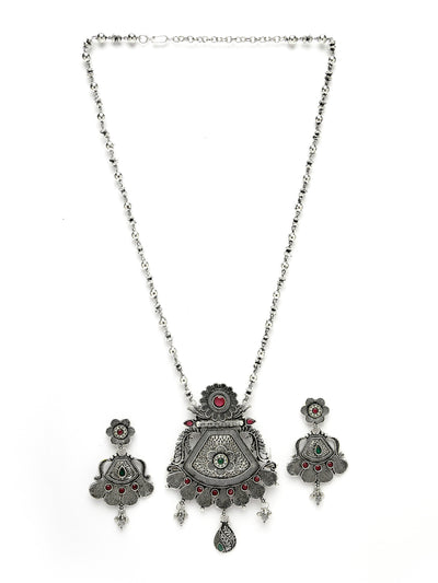 Sukkhi Decorative Oxidised Silver Plated Red AD Stones Studded Long Ball Chain with Floral Pendant Necklace Set With Dangler Earrings Jewellery Set For Women & Girls|Set of 1|NS106056
