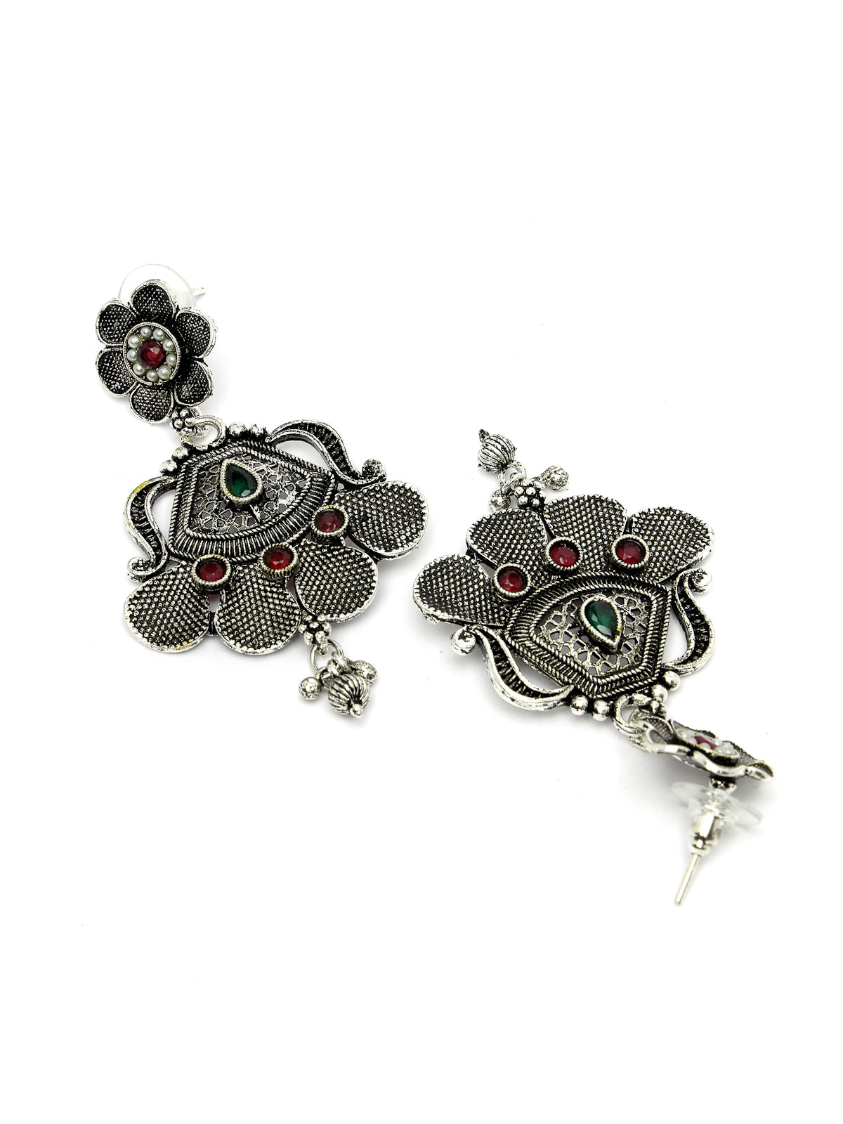 Sukkhi Decorative Oxidised Silver Plated Red AD Stones Studded Long Ball Chain with Floral Pendant Necklace Set With Dangler Earrings Jewellery Set For Women & Girls|Set of 1|NS106056