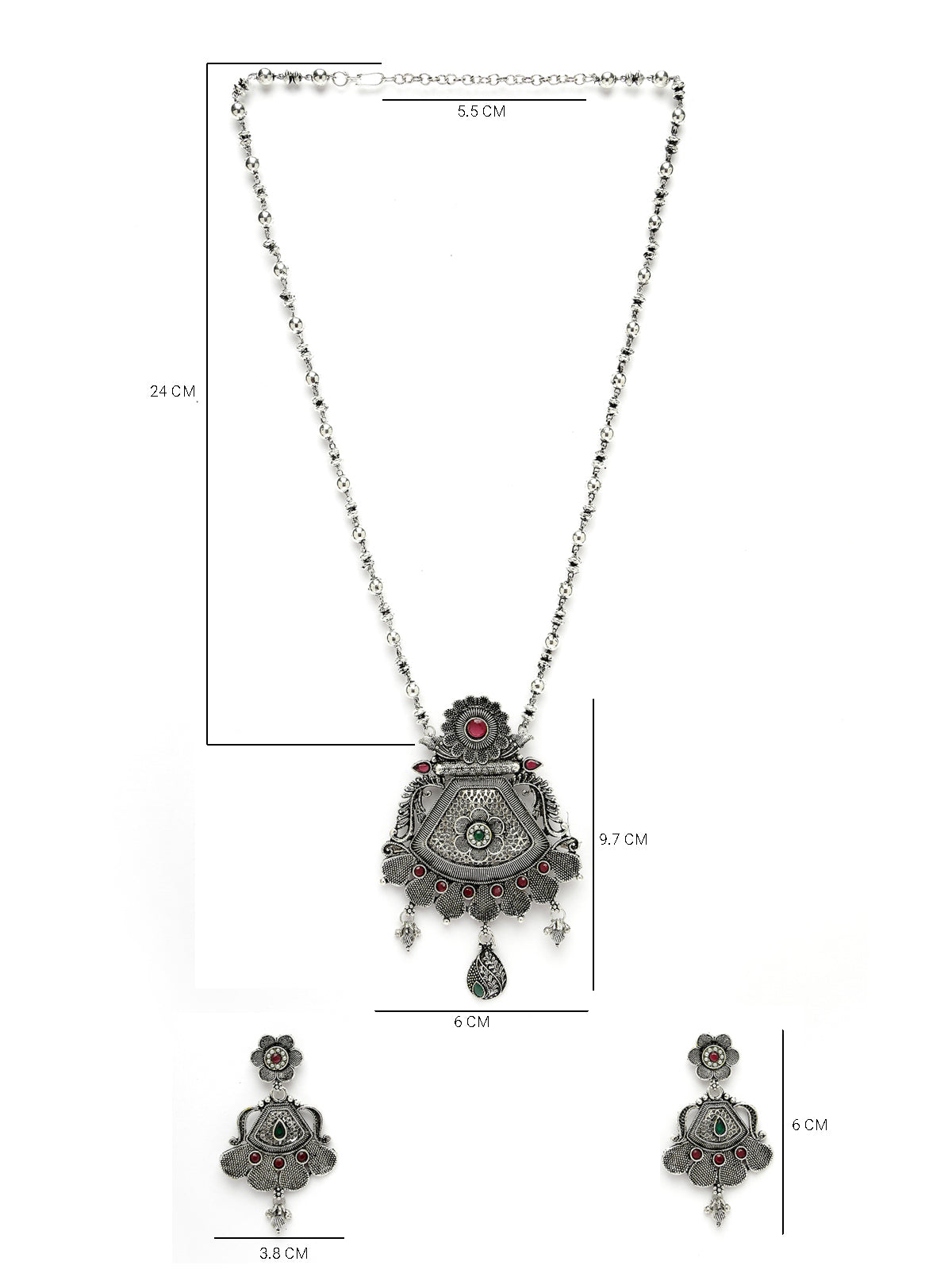 Sukkhi Decorative Oxidised Silver Plated Red AD Stones Studded Long Ball Chain with Floral Pendant Necklace Set With Dangler Earrings Jewellery Set For Women & Girls|Set of 1|NS106056