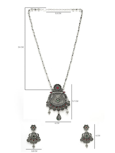 Sukkhi Decorative Oxidised Silver Plated Red AD Stones Studded Long Ball Chain with Floral Pendant Necklace Set With Dangler Earrings Jewellery Set For Women & Girls|Set of 1|NS106056