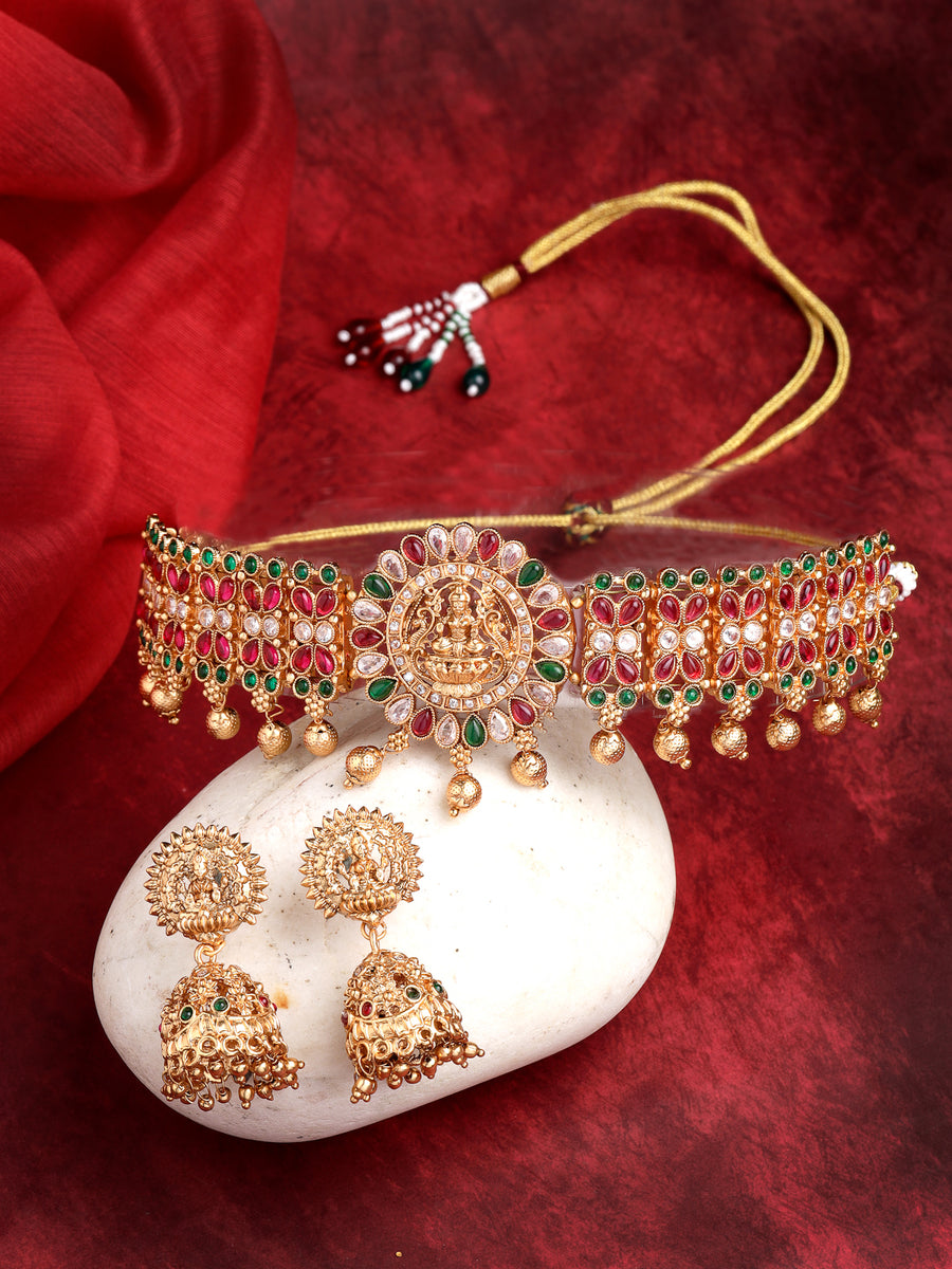 Sukkhi Artistic Gold Plated With Crystal Stones Temple Choker Necklace Set with Jhumki/Jhumka Earrings Jewellery Set for Women & Girls|Set of 1|NS106058