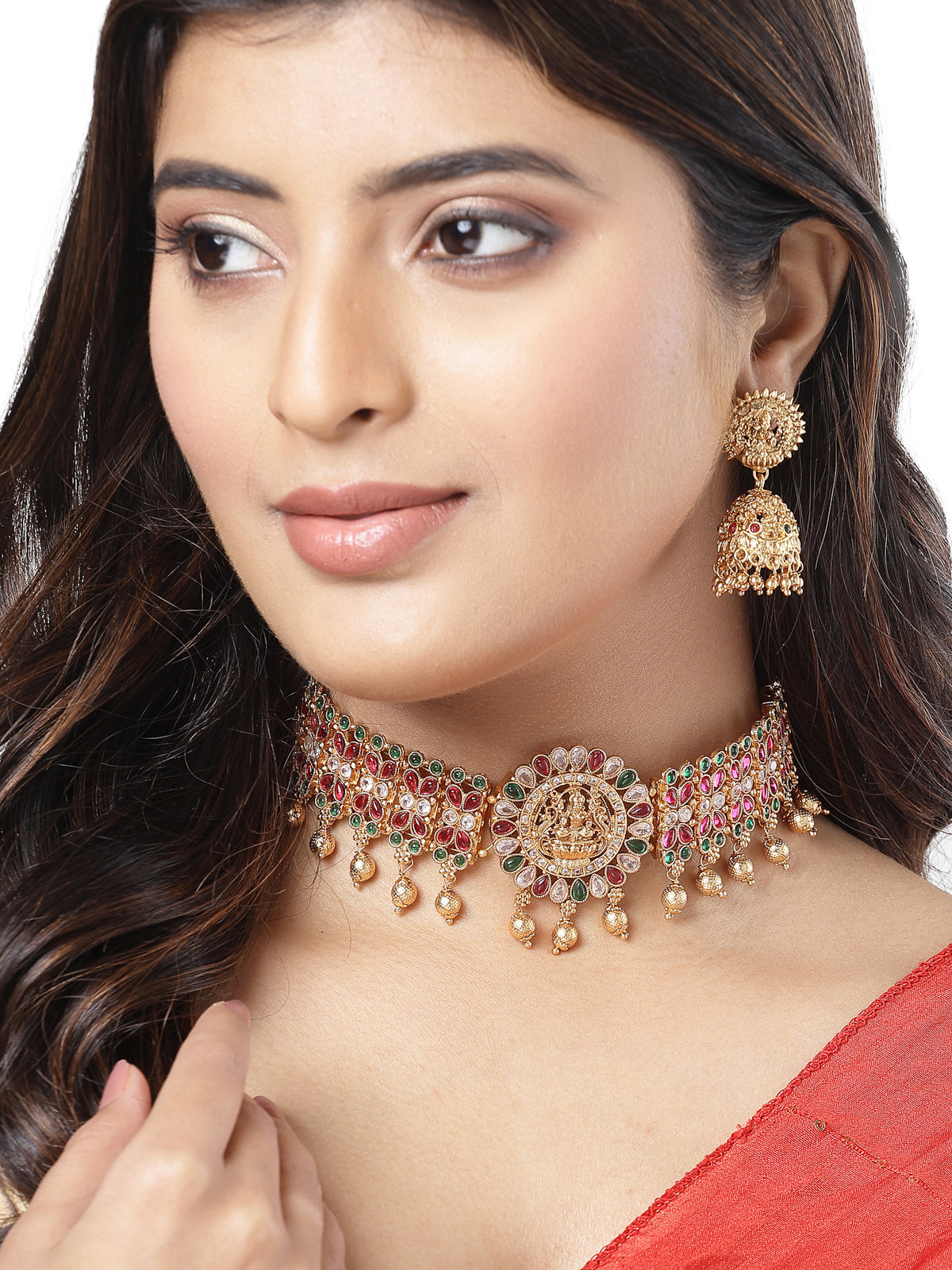 Sukkhi Artistic Gold Plated With Crystal Stones Temple Choker Necklace Set with Jhumki/Jhumka Earrings Jewellery Set for Women & Girls|Set of 1|NS106058