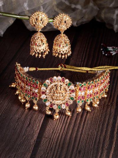 Sukkhi Artistic Gold Plated With Crystal Stones Temple Choker Necklace Set with Jhumki/Jhumka Earrings Jewellery Set for Women & Girls|Set of 1|NS106058