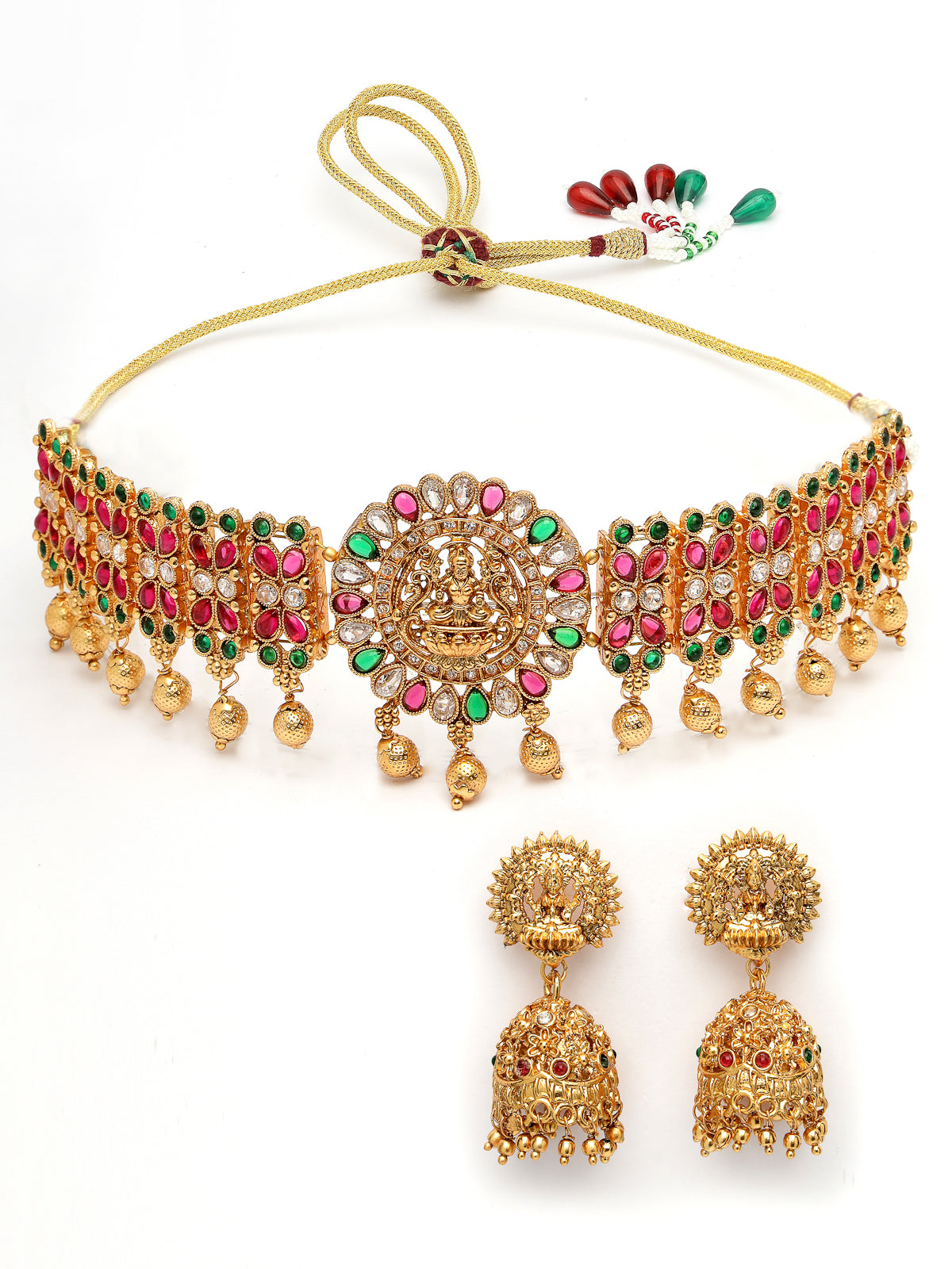 Sukkhi Artistic Gold Plated With Crystal Stones Temple Choker Necklace Set with Jhumki/Jhumka Earrings Jewellery Set for Women & Girls|Set of 1|NS106058