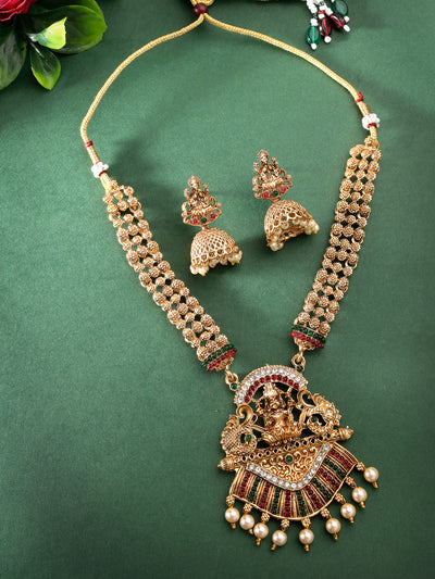 Sukkhi Eye-Catching Traditional Gold Plated Red Green AD Stones Studded Choker Temple Gold Haram Designs Necklace Set With Jhumki/Jhumka Earring Jewellery Set For Women & Girls|Set of 1|NS106059