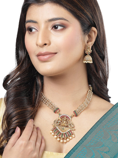 Sukkhi Eye-Catching Traditional Gold Plated Red Green AD Stones Studded Choker Temple Gold Haram Designs Necklace Set With Jhumki/Jhumka Earring Jewellery Set For Women & Girls|Set of 1|NS106059