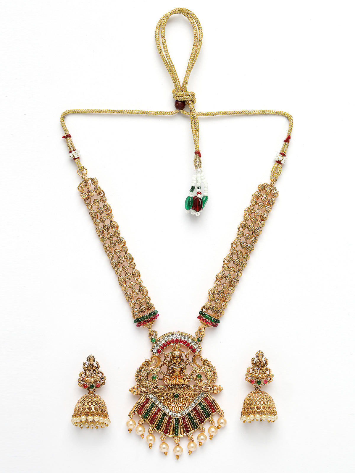 Sukkhi Eye-Catching Traditional Gold Plated Red Green AD Stones Studded Choker Temple Gold Haram Designs Necklace Set With Jhumki/Jhumka Earring Jewellery Set For Women & Girls|Set of 1|NS106059