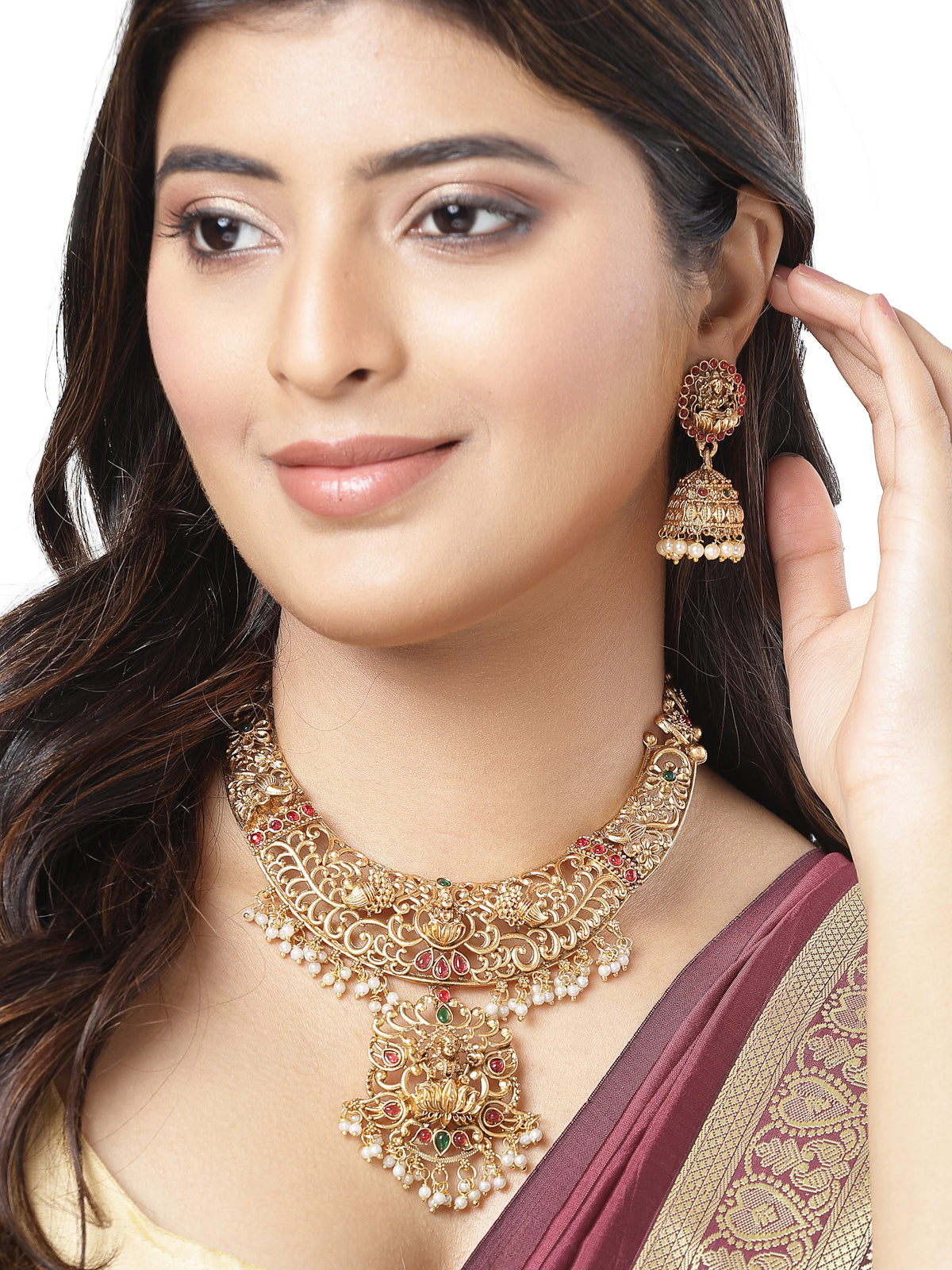 Sukkhi Iconic Style Traditional Gold Plated AD Stones Studded Temple Gold Haram Designs Long Necklace Set with Jhumki/Jhumka Earrings Jewellery Set For Women & Girls|Set of 1|NS106060