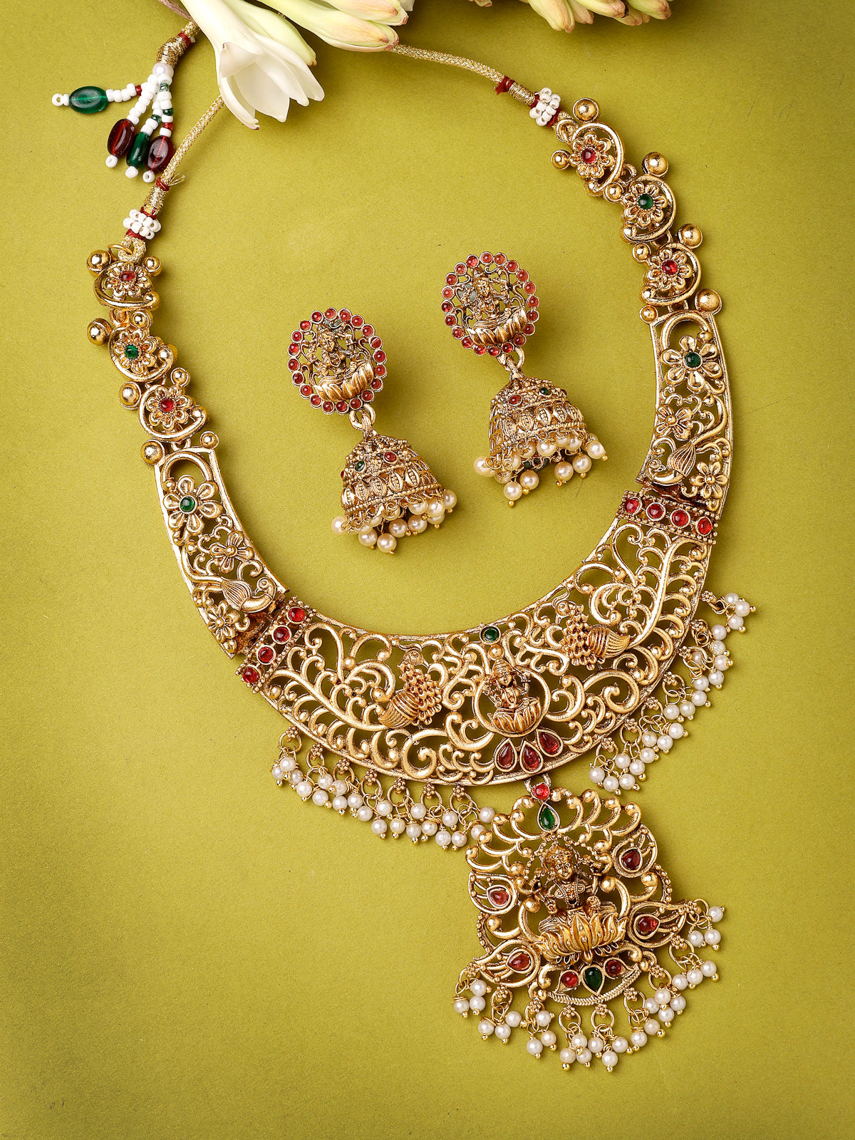 Sukkhi Iconic Style Traditional Gold Plated AD Stones Studded Temple Gold Haram Designs Long Necklace Set with Jhumki/Jhumka Earrings Jewellery Set For Women & Girls|Set of 1|NS106060