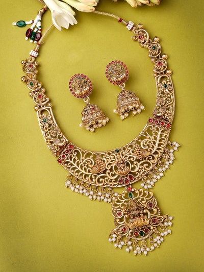 Sukkhi Iconic Style Traditional Gold Plated AD Stones Studded Temple Gold Haram Designs Long Necklace Set with Jhumki/Jhumka Earrings Jewellery Set For Women & Girls|Set of 1|NS106060