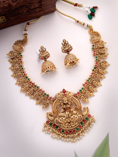 Sukkhi Festive Style Traditional Gold Plated AD Stones Studded Temple Gold Haram Designs Long Necklace with Jhumki/Jhumka Earrings Jewellery Set For Women & Girls|Set of 1|NS106061