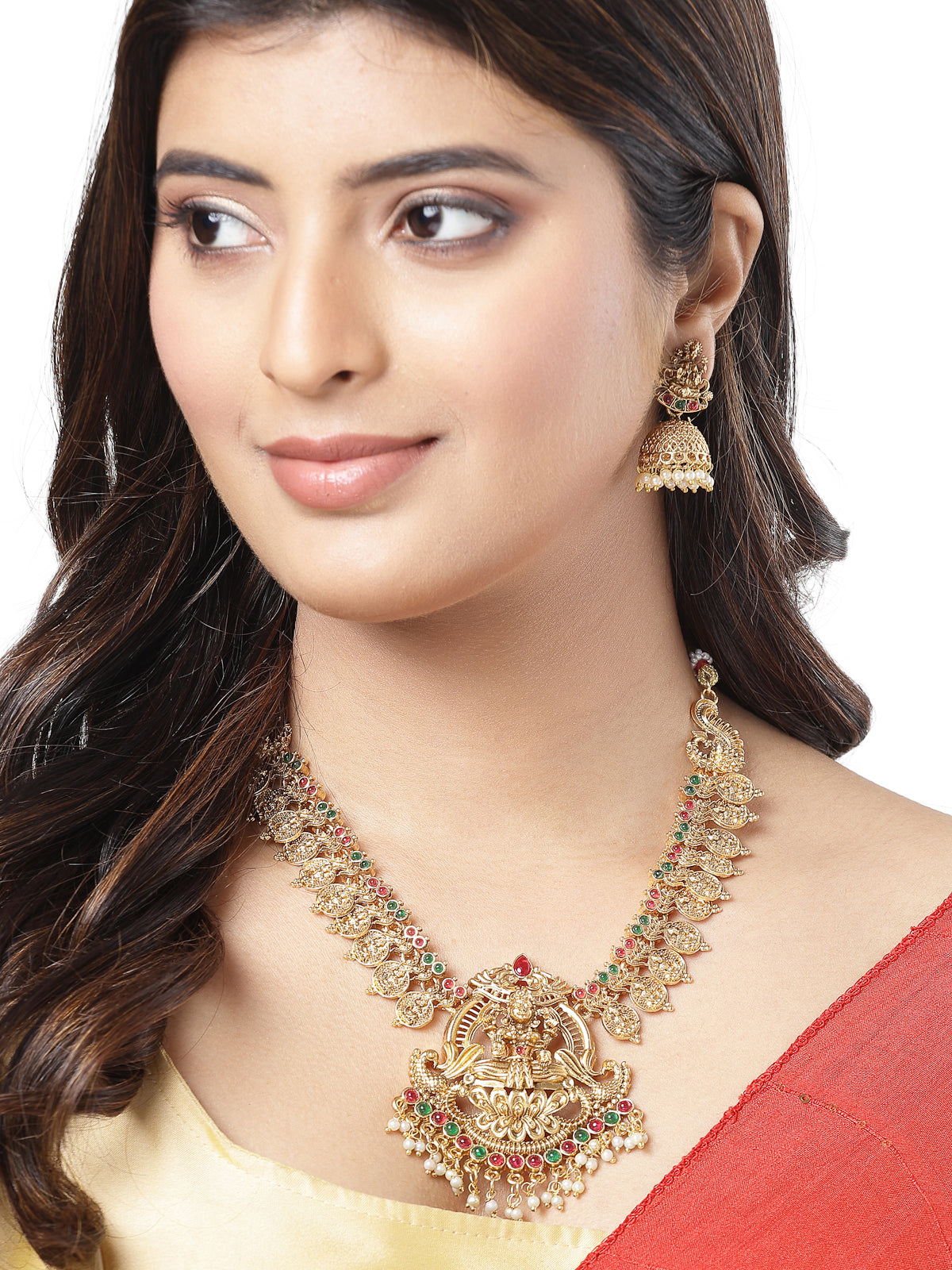 Sukkhi Festive Style Traditional Gold Plated AD Stones Studded Temple Gold Haram Designs Long Necklace with Jhumki/Jhumka Earrings Jewellery Set For Women & Girls|Set of 1|NS106061