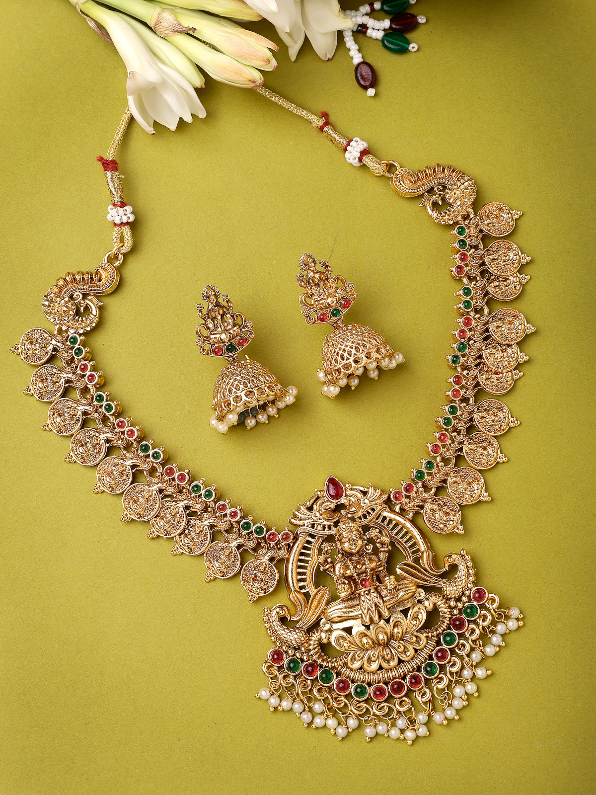 Sukkhi Festive Style Traditional Gold Plated AD Stones Studded Temple Gold Haram Designs Long Necklace with Jhumki/Jhumka Earrings Jewellery Set For Women & Girls|Set of 1|NS106061