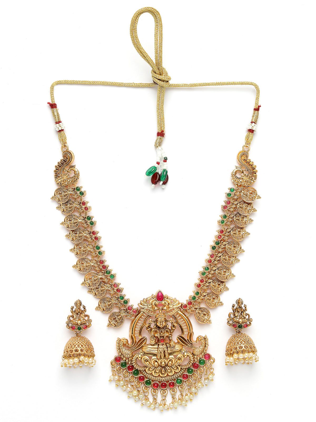 Sukkhi Festive Style Traditional Gold Plated AD Stones Studded Temple Gold Haram Designs Long Necklace with Jhumki/Jhumka Earrings Jewellery Set For Women & Girls|Set of 1|NS106061