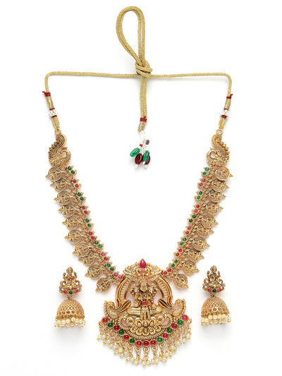 Sukkhi Festive Style Traditional Gold Plated AD Stones Studded Temple Gold Haram Designs Long Necklace with Jhumki/Jhumka Earrings Jewellery Set For Women & Girls|Set of 1|NS106061