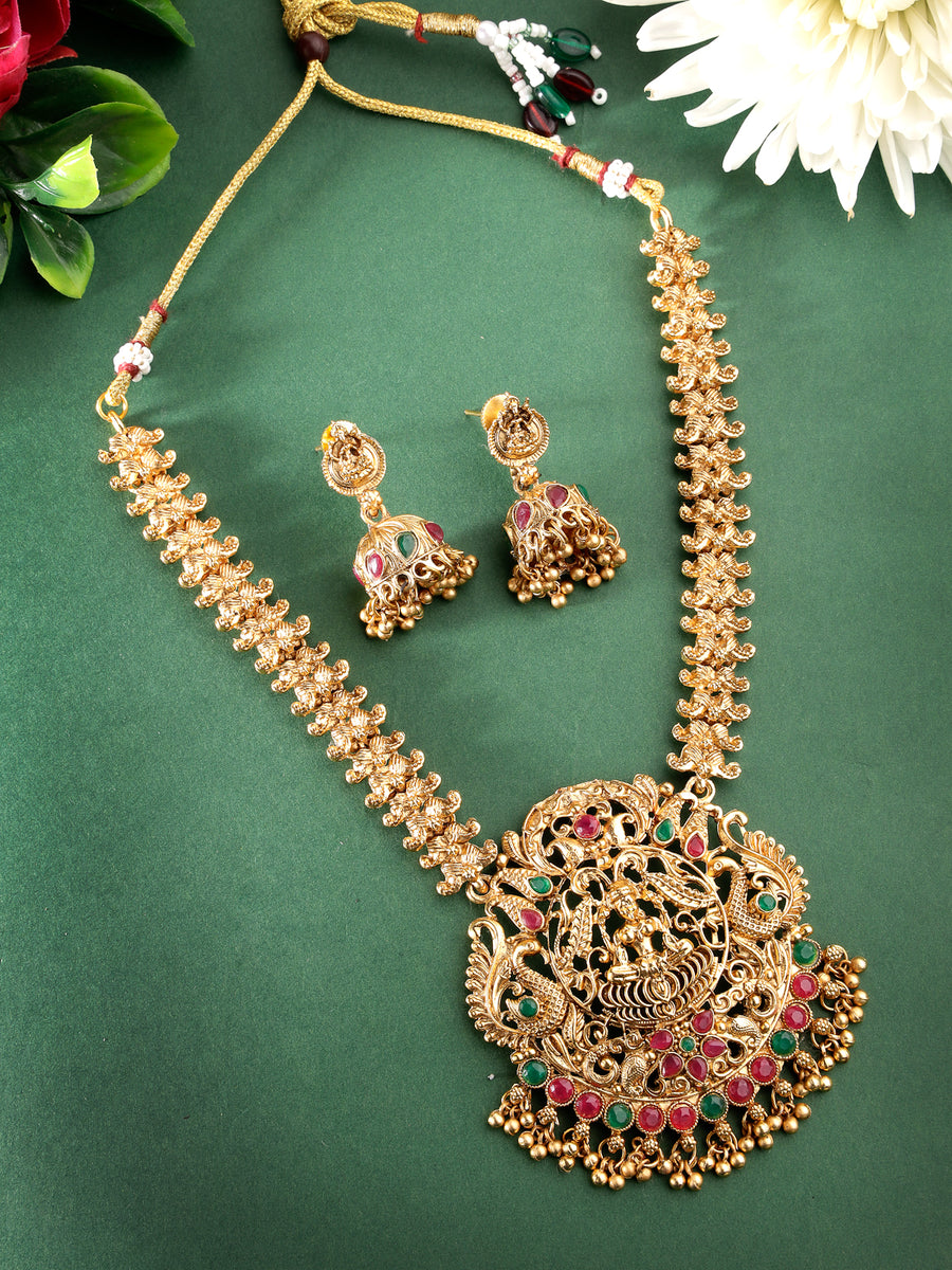 Sukkhi Classic Traditional Gold Plated AD Stones Studded Temple Gold Haram Designs Long Necklace Set with Jhumki/Jhumka Earrings Jewellery Set For Women & Girls|Set of 1|NS106062