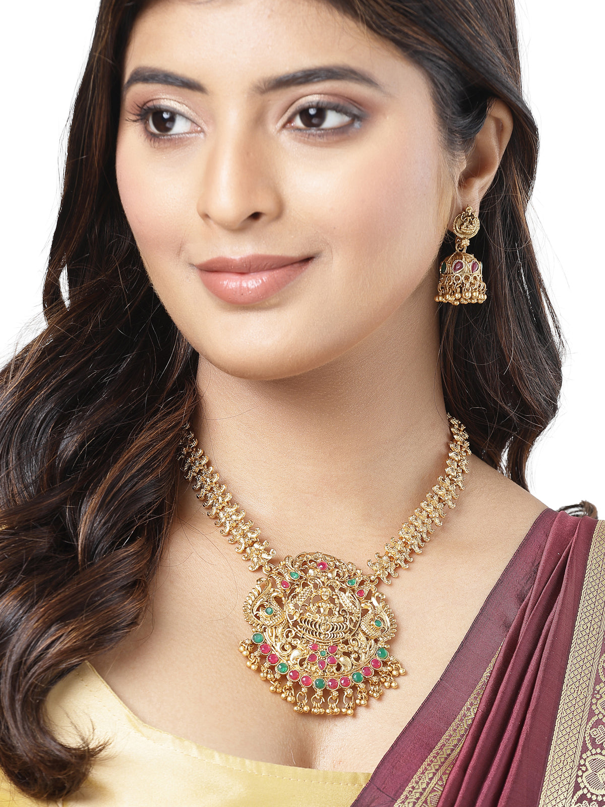 Sukkhi Classic Traditional Gold Plated AD Stones Studded Temple Gold Haram Designs Long Necklace Set with Jhumki/Jhumka Earrings Jewellery Set For Women & Girls|Set of 1|NS106062