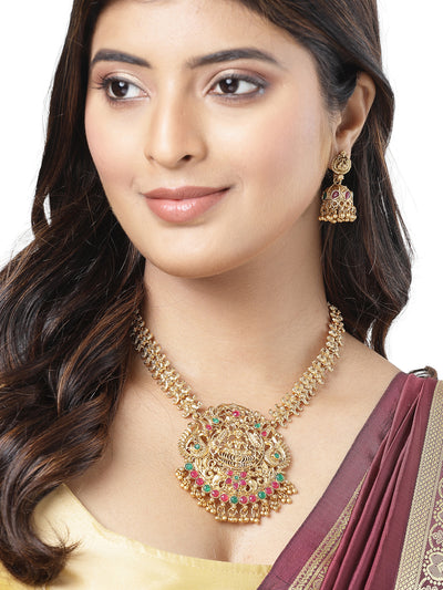 Sukkhi Classic Traditional Gold Plated AD Stones Studded Temple Gold Haram Designs Long Necklace Set with Jhumki/Jhumka Earrings Jewellery Set For Women & Girls|Set of 1|NS106062