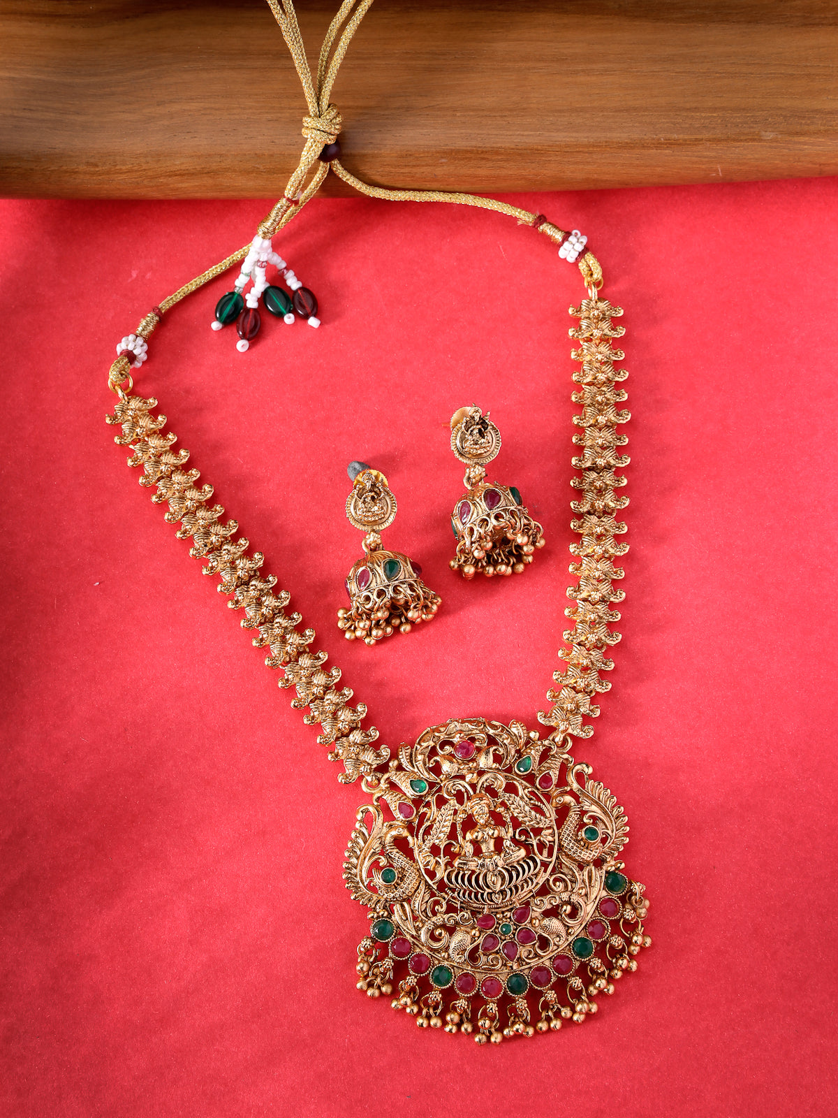 Sukkhi Classic Traditional Gold Plated AD Stones Studded Temple Gold Haram Designs Long Necklace Set with Jhumki/Jhumka Earrings Jewellery Set For Women & Girls|Set of 1|NS106062