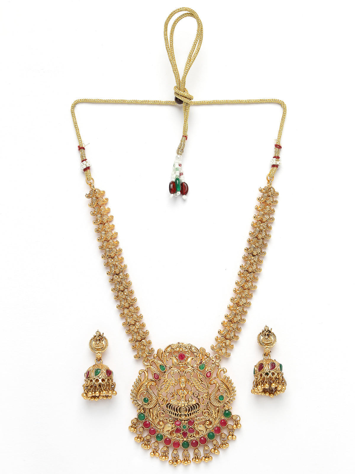 Sukkhi Classic Traditional Gold Plated AD Stones Studded Temple Gold Haram Designs Long Necklace Set with Jhumki/Jhumka Earrings Jewellery Set For Women & Girls|Set of 1|NS106062
