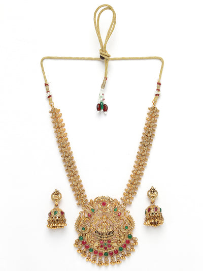 Sukkhi Classic Traditional Gold Plated AD Stones Studded Temple Gold Haram Designs Long Necklace Set with Jhumki/Jhumka Earrings Jewellery Set For Women & Girls|Set of 1|NS106062