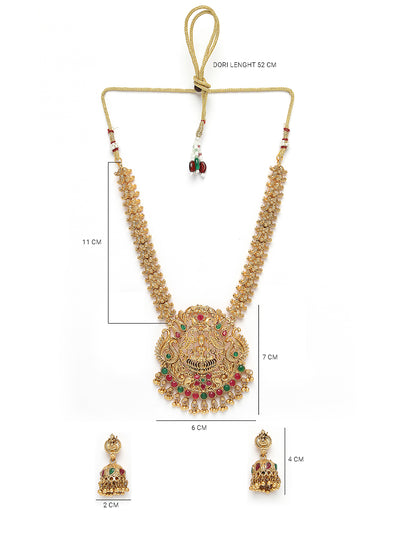 Sukkhi Classic Traditional Gold Plated AD Stones Studded Temple Gold Haram Designs Long Necklace Set with Jhumki/Jhumka Earrings Jewellery Set For Women & Girls|Set of 1|NS106062
