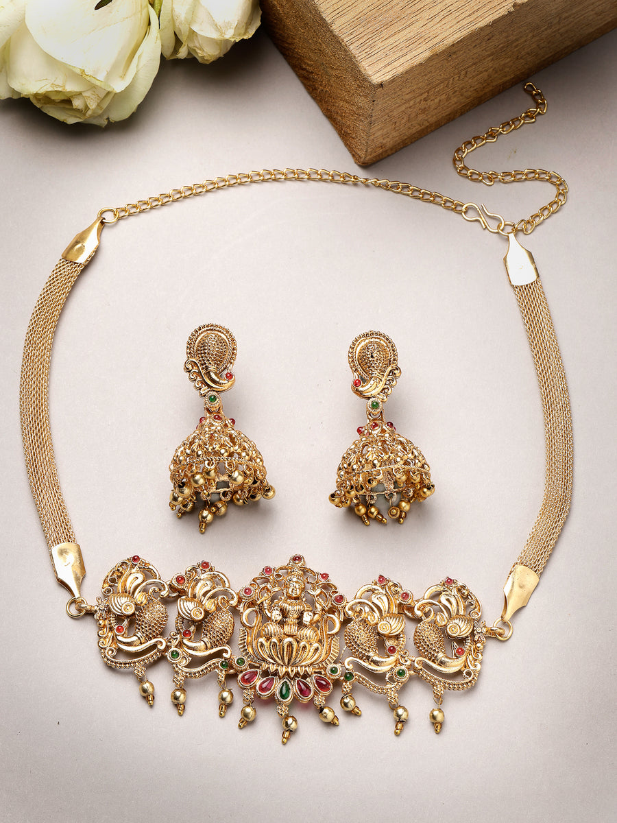 Sukkhi Trendy Gold Plated Red Green AD Stones Studded Gold Temple Choker Necklace Set With Jhumki/Jhumka Earring Jewellery Set For Women & Girls|Set of 1|NS106063