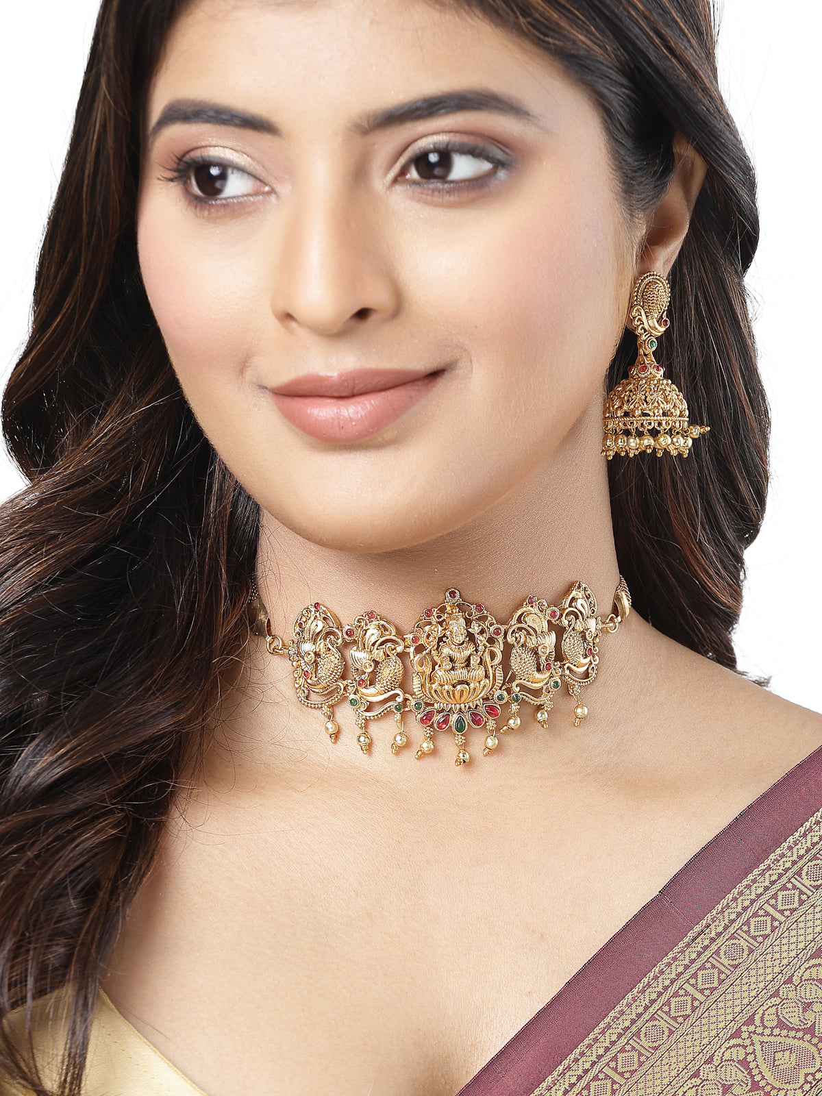 Sukkhi Trendy Gold Plated Red Green AD Stones Studded Gold Temple Choker Necklace Set With Jhumki/Jhumka Earring Jewellery Set For Women & Girls|Set of 1|NS106063