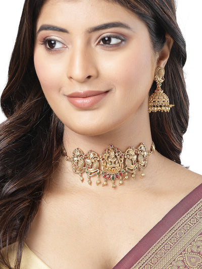 Sukkhi Trendy Gold Plated Red Green AD Stones Studded Gold Temple Choker Necklace Set With Jhumki/Jhumka Earring Jewellery Set For Women & Girls|Set of 1|NS106063