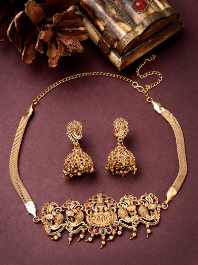 Sukkhi Trendy Gold Plated Red Green AD Stones Studded Gold Temple Choker Necklace Set With Jhumki/Jhumka Earring Jewellery Set For Women & Girls|Set of 1|NS106063